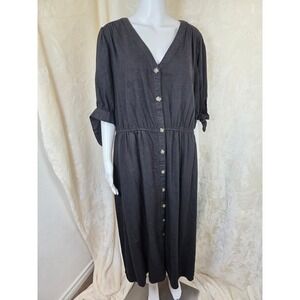 Time and Tru Black Button Front Midi Dress Plus Size XXXL 22 Tie Sleeve V-Neck